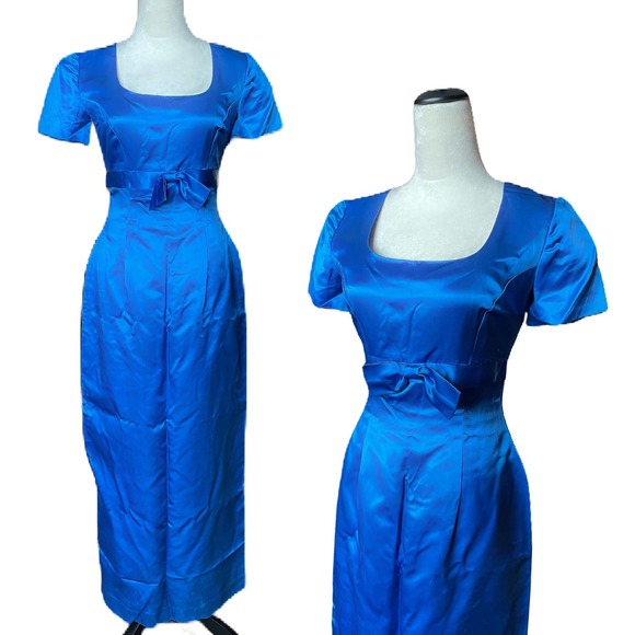 Vintage Dresses & Skirts - Vtg 1950s 60’s Royal Blue Satin Wiggle Dress Evening Dress Small